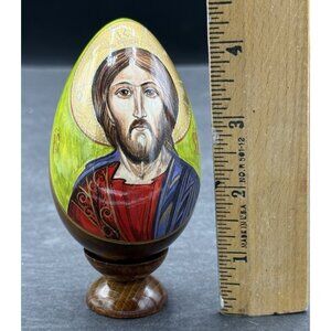 VTG Hand Carved Turned Solid Wood Lacquered Russian Orthodox Icon Egg W/ Stand